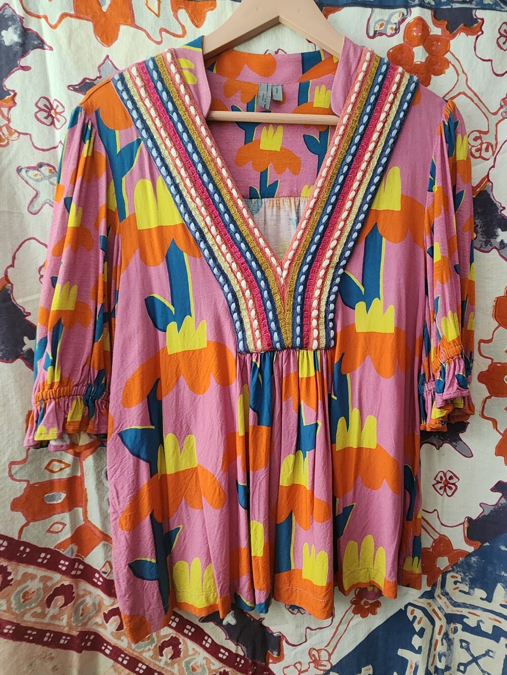 Anthropologie Stephanie Top - Boho Pink Floral Embroidered V-Neck